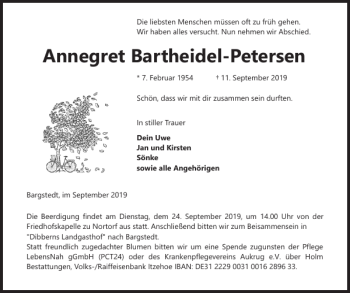 Traueranzeige von Annegret Bartheidel-Petersen von Landeszeitung