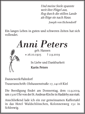 Traueranzeige von Anni Peters von Schleswiger Nachrichten