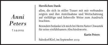 Traueranzeige von Anni Peters von Schleswiger Nachrichten