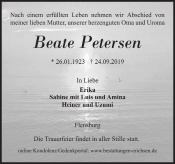 Traueranzeige von Beate Petersen von Flensburger Tageblatt