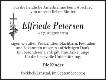 Traueranzeige von Elfriede Petersen von Landeszeitung
