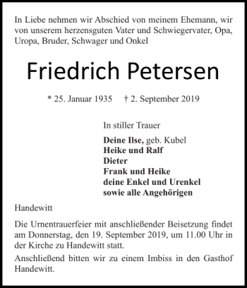 Traueranzeige von Friedrich Petersen von Flensburger Tageblatt