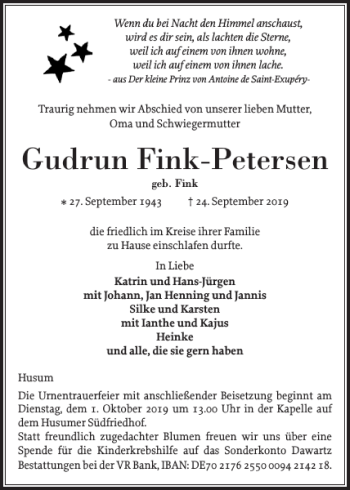 Traueranzeige von Gudrun Fink-Petersen von Husumer Nachrichten