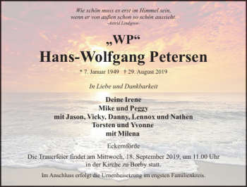 Traueranzeige von Hans-Wolfgang Petersen von Eckernförder Zeitung