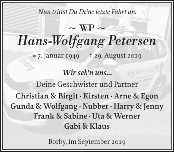 Traueranzeige von Hans-Wolfgang Petersen von Eckernförder Zeitung