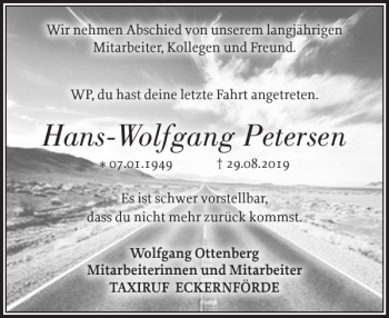 Traueranzeige von Hans-Wolfgang Petersen von Eckernförder Zeitung