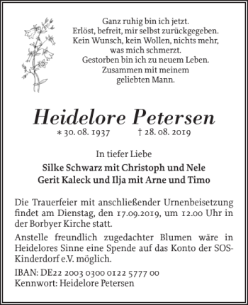 Traueranzeige von Heidelore Petersen von Eckernförder Zeitung