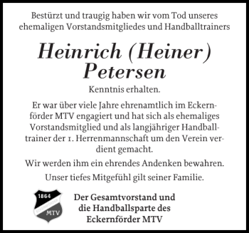 Traueranzeige von Heinrich Heiner Petersen von Eckernförder Zeitung