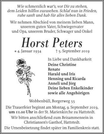 Traueranzeige von Horst Peters von Husumer Nachrichten