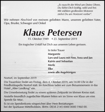 Traueranzeige von Klaus Petersen von Landeszeitung