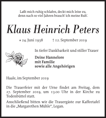 Traueranzeige von Klaus Heinrich Peters von Landeszeitung