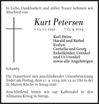 Traueranzeige von Kurt Petersen von Flensburger Tageblatt