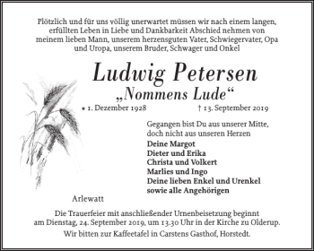 Traueranzeige von Ludwig Petersen von Husumer Nachrichten