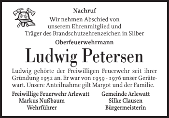Traueranzeige von Ludwig Petersen von Husumer Nachrichten
