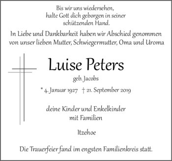 Traueranzeige von Luise Peters von Norddeutsche Rundschau