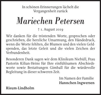 Traueranzeige von Mariechen Petersen von Nordfriesland Tageblatt