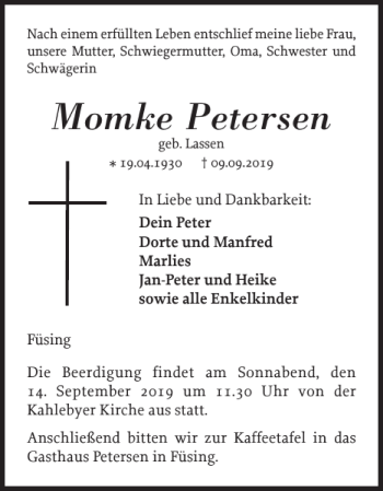 Traueranzeige von Momke Petersen von Schleswiger Nachrichten