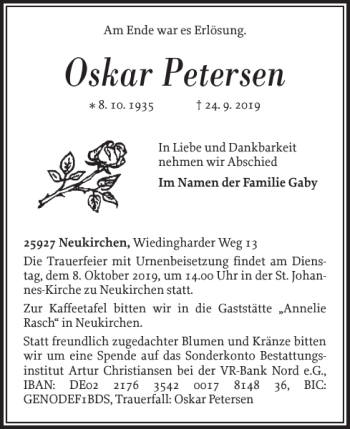 Traueranzeige von Oskar Petersen von Nordfriesland Tageblatt