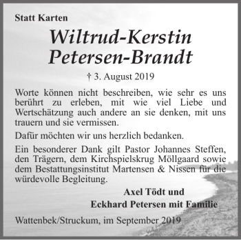 Traueranzeige von Wiltrud-Kerstin Petersen-Brandt von Husumer Nachrichten