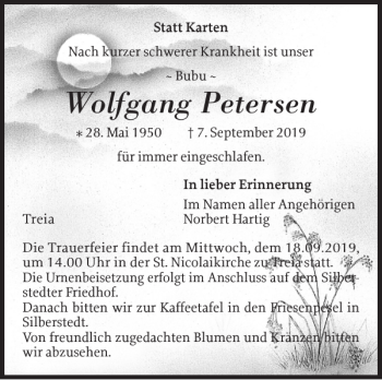 Traueranzeige von Wolfgang Petersen von Schleswiger Nachrichten