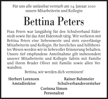 Traueranzeige von Bettina Peters von Husumer Nachrichten