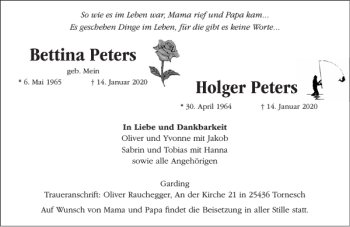 Traueranzeige von Bettina Peters Holger Peters von Husumer Nachrichten