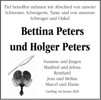 Traueranzeige von Bettina Peters und Holger Peters von Husumer Nachrichten