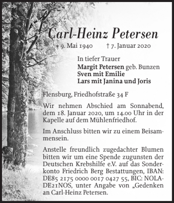 Traueranzeige von Carl-Heinz Petersen von Flensburger Tageblatt
