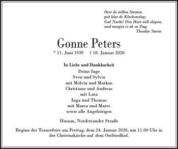 Traueranzeige von Gonne Peters von Husumer Nachrichten