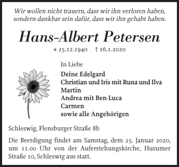 Traueranzeige von Hans-Albert Petersen von Schleswiger Nachrichten