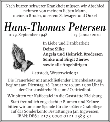 Traueranzeige von Hans-Thomas Petersen von Husumer Nachrichten
