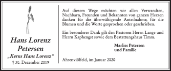 Traueranzeige von Hans Lorenz Petersen von Husumer Nachrichten