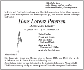 Traueranzeige von Hans Lorenz Petersen von Husumer Nachrichten