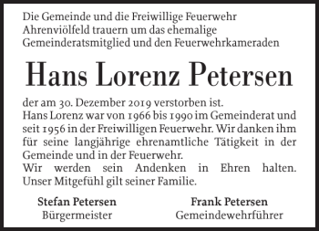 Traueranzeige von Hans Lorenz Petersen von Husumer Nachrichten