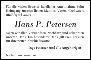 Traueranzeige von Hans P. Petersen von Husumer Nachrichten
