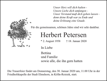 Traueranzeige von Herbert Petersen von Elmshorner Nachrichten