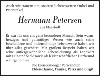 Traueranzeige von Hermann Petersen von Nordfriesland Tageblatt
