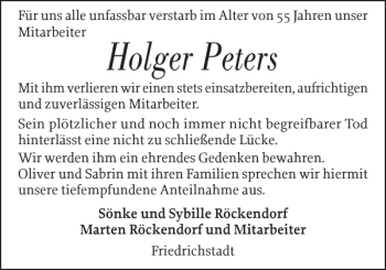 Traueranzeige von Holger Peters von Husumer Nachrichten