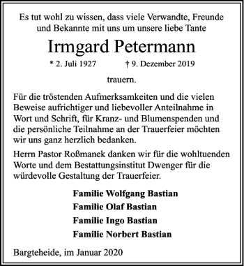Traueranzeige von Irmgard Petermann von Stormarner Tageblatt