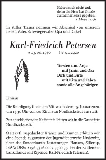 Traueranzeige von Karl-Friedrich Petersen von Flensburger Tageblatt
