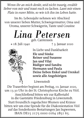 Traueranzeige von Lina Petersen von Flensburger Tageblatt