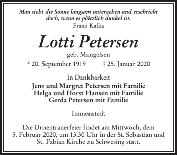 Traueranzeige von Lotti Petersen von Husumer Nachrichten