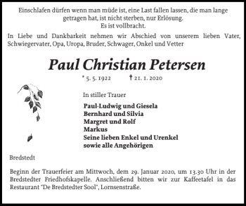 Traueranzeige von Paul Christian Petersen von Husumer Nachrichten