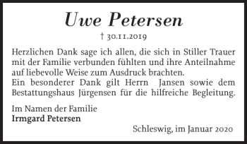 Traueranzeige von Uwe Petersen von Schleswiger Nachrichten
