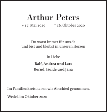 Traueranzeige von Arthur Peters von Wedel-Schulauer Tageblatt