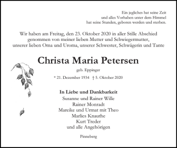 Traueranzeige von Christa Maria Petersen von Pinneberger Tageblatt