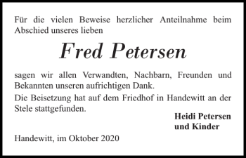 Traueranzeige von Fred Petersen von Flensburger Tageblatt