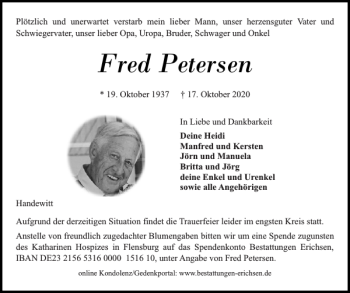 Traueranzeige von Fred Petersen von Flensburger Tageblatt
