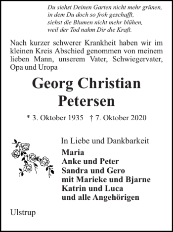 Traueranzeige von Georg Christian Petersen von Flensburger Tageblatt