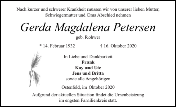 Traueranzeige von Gerda Magdalena Petersen von Landeszeitung